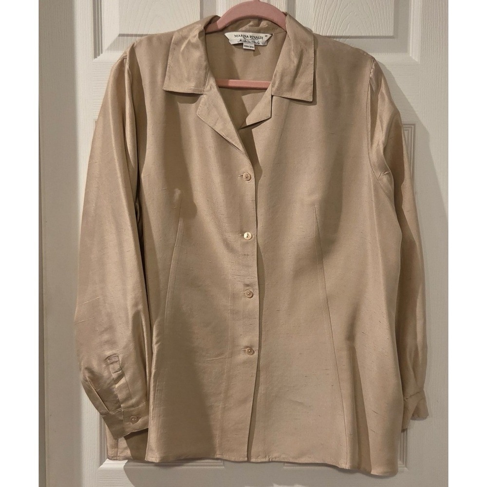 Marina Rinaldi 100% Silk Blouse Size 23 Made Italy Champagne Gold Button Shirt